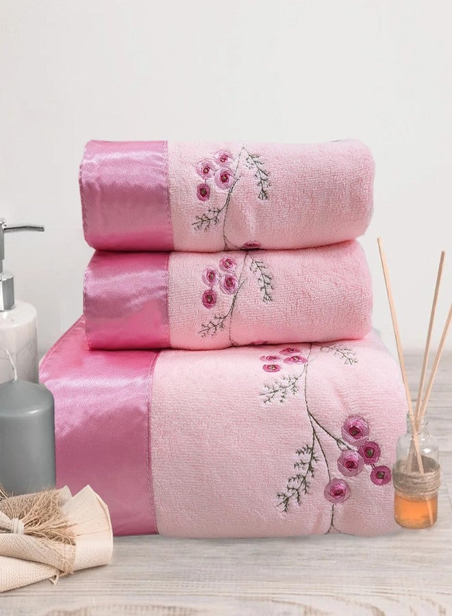 ABREEZE Pink Plum Blossom-Embroidered Bath Towel Set, 3 Pieces，Soft, Skin-Friendly and Water-Absorbent, Mother's Day and Valentine's Day Gift(1 Bath Towel,2 Hand Towels) - Image 1